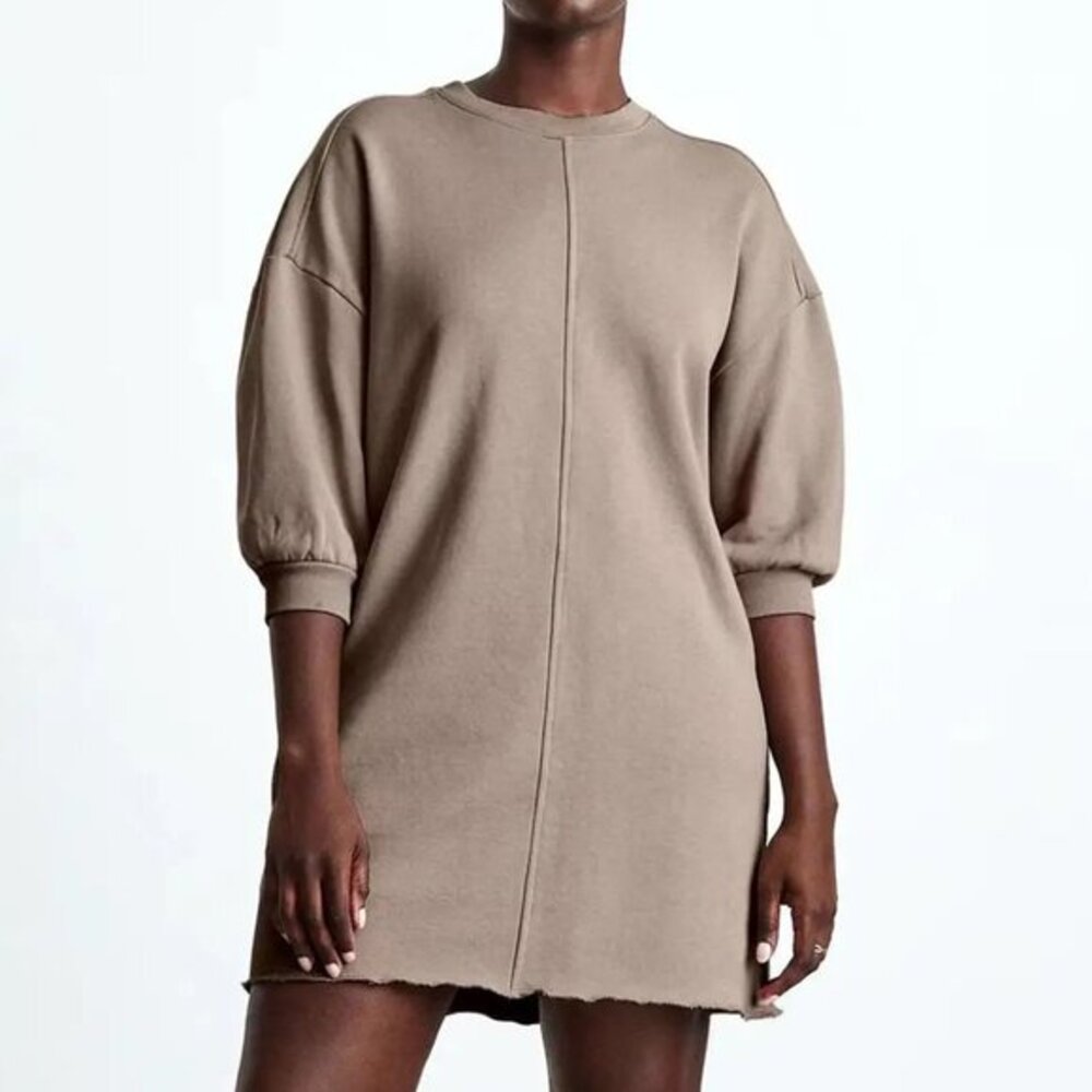 Everlane Brown Organic Cotton Puff Sleeve Sweatshirt Dress XXS Minimalist Cozy